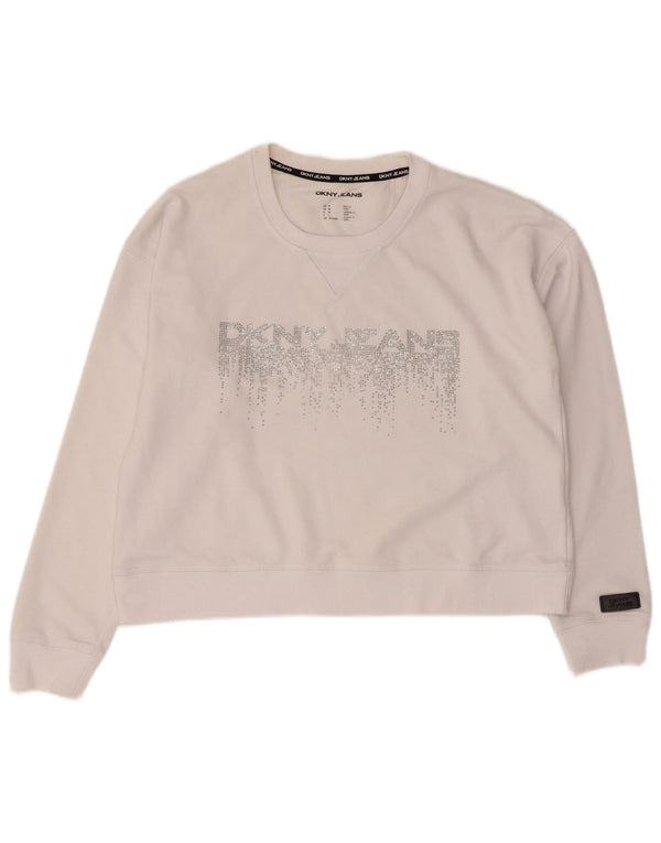 Dkny Womens Crop Graphic Sweatshirt Jumper UK 14 Medium White Cotton