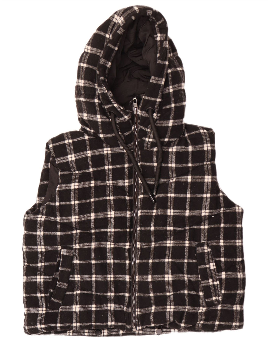 Zara Womens Oversized Crop Hooded Padded Gilet UK 14 Medium Black Check