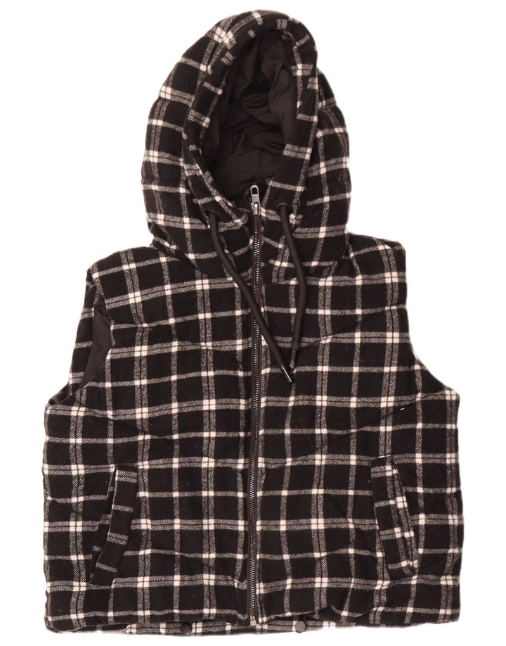 Zara Womens Oversized Crop Hooded Padded Gilet UK 14 Medium Black Check