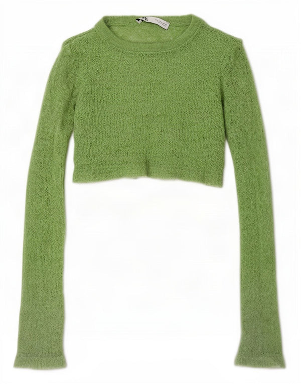 Zara Womens Long Sleeve Knit Crop Top UK 8 Small Green