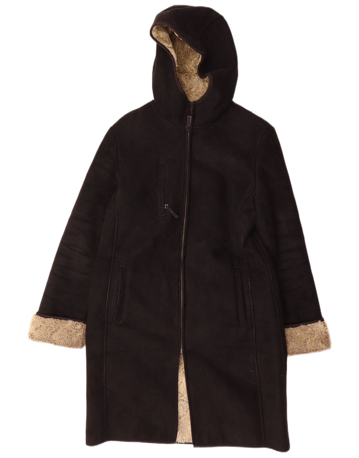 NEXT Womens Sherpa Hooded Overcoat UK 12 Medium Black Polyester