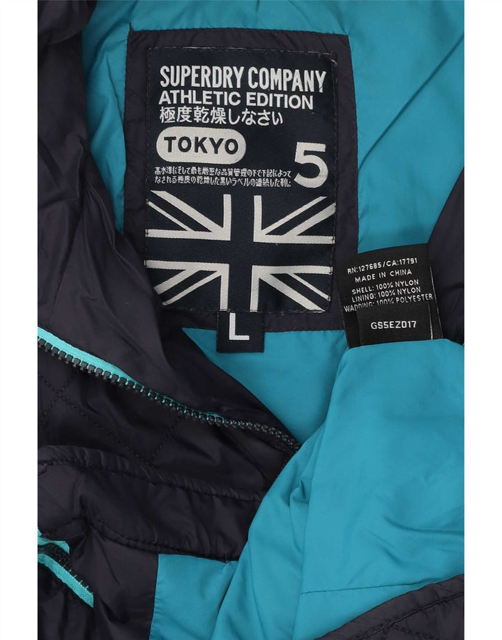 Superdry Womens Hooded Quilted Jacket UK 14 Large Navy Blue Nylon