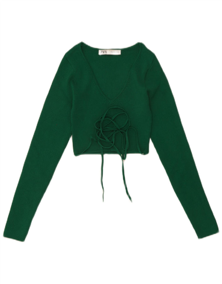 Zara Womens Long Sleeve Crop Top UK 8 Small Green