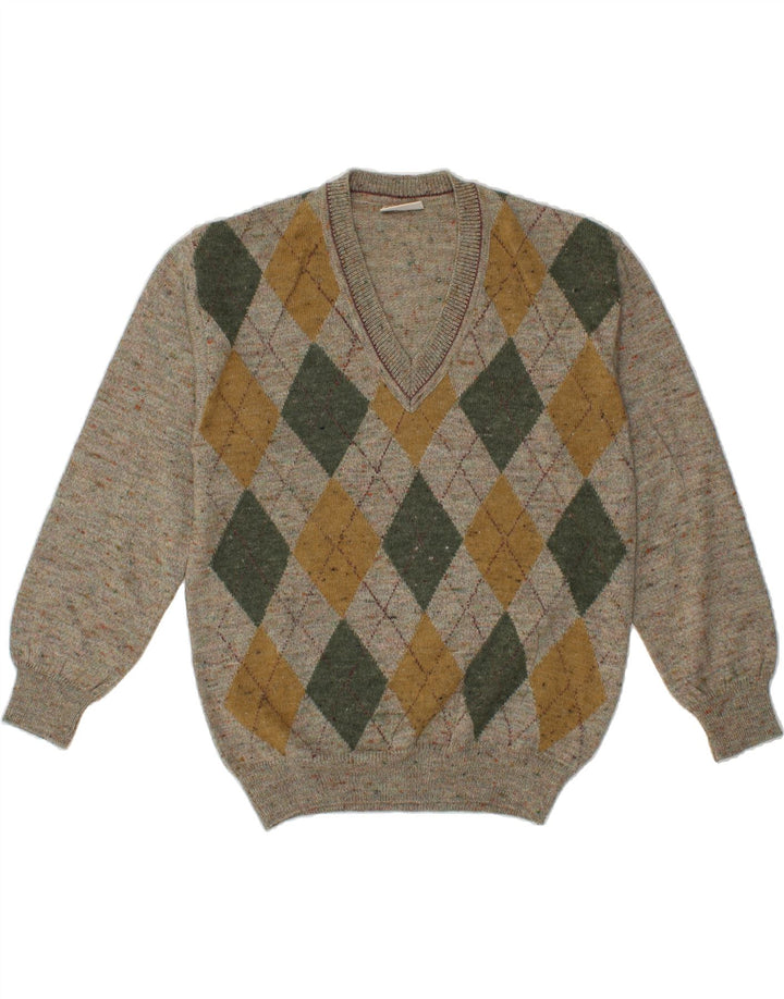 RODES Mens V-Neck Jumper Sweater Medium Grey Argyle/Diamond Wool