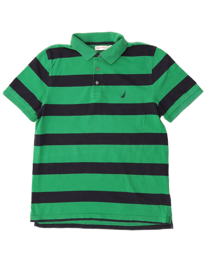 Nautica Mens Polo Shirt Medium Green Striped Cotton