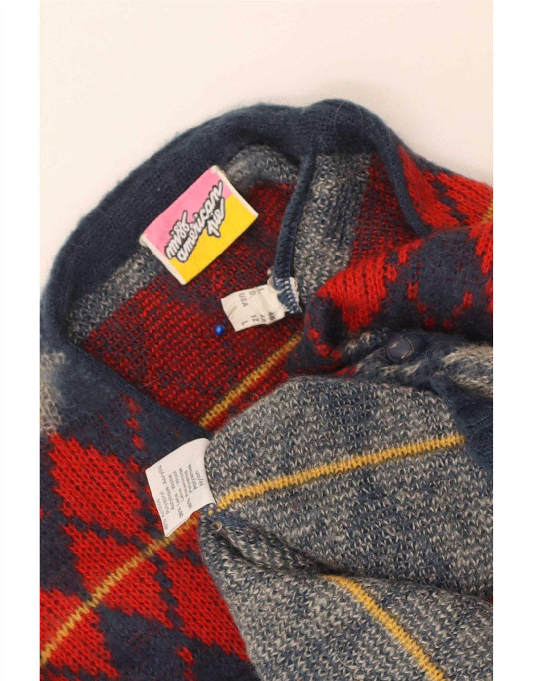 Vintage Womens Cardigan Sweater US 12 Large Navy Blue Argyle/Diamond