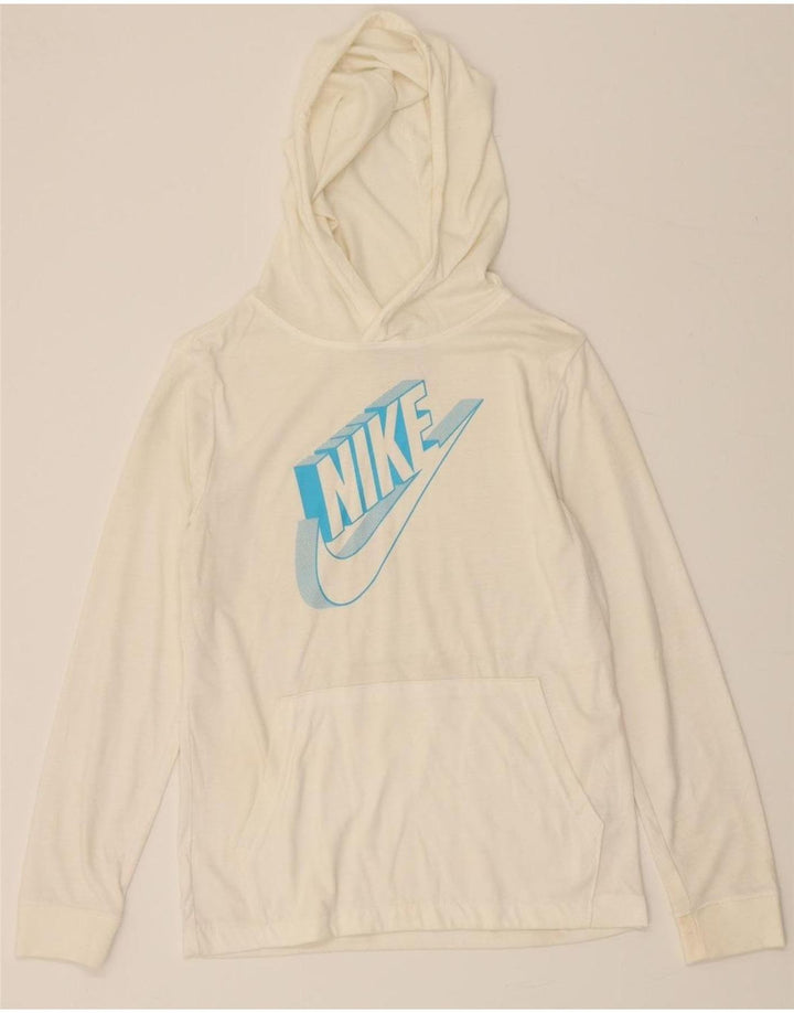 NIKE Womens Graphic Hoodie Jumper UK 14 Large Off White Polyester Vintage Nike and Second-Hand Nike from Messina Hembry 