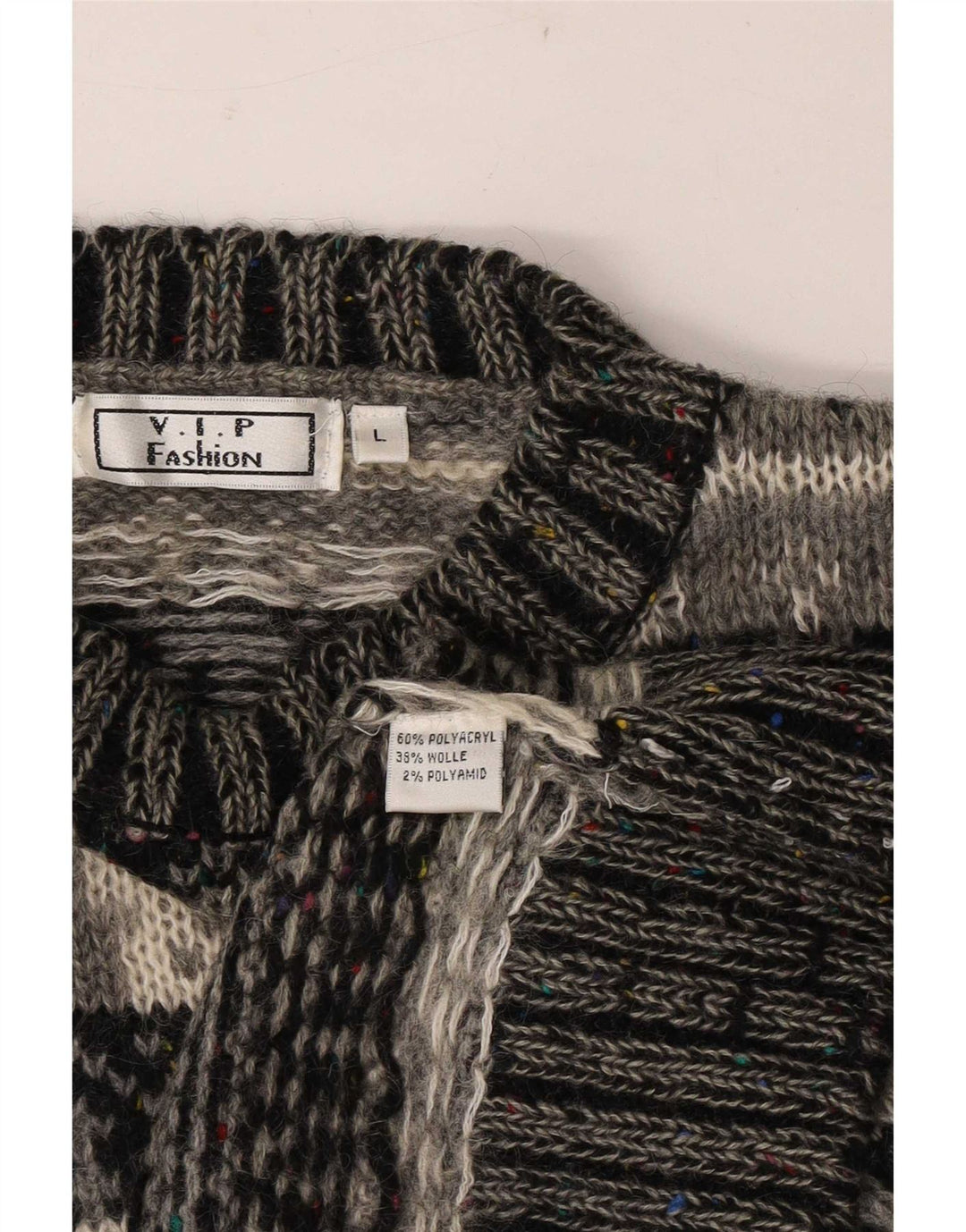 Vintage Mens Crew Neck Jumper Sweater Large Grey Fair Isle Polyacrylic