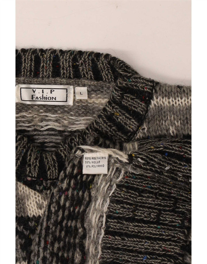 Vintage Mens Crew Neck Jumper Sweater Large Grey Fair Isle Polyacrylic