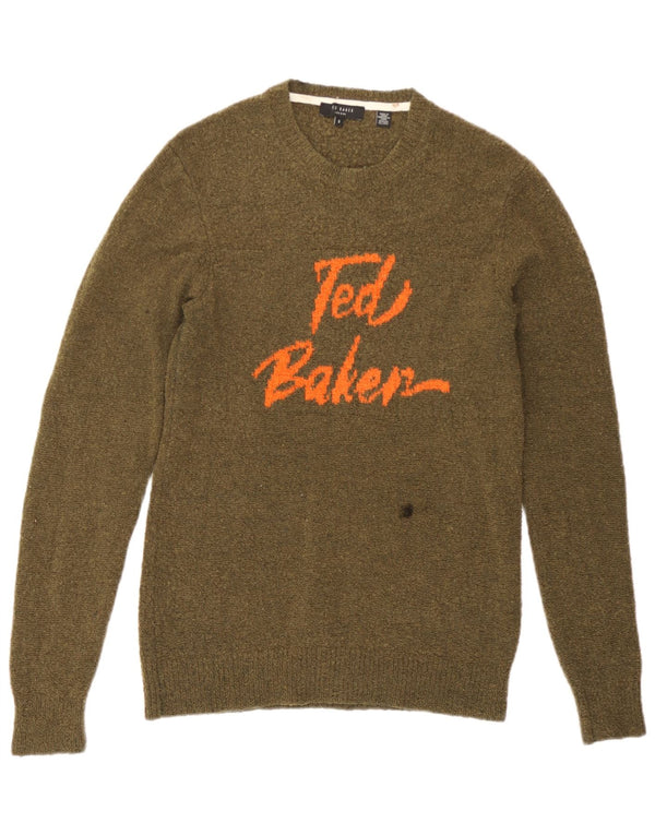 Ted Baker Herre Graphic Crew Neck Jumper Sweater Størrelse 2 Small Khaki Wool