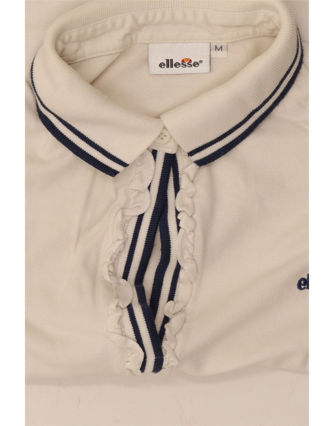 ELLESSE Womens Ruffle Front Polo Shirt UK 12 Medium Off White Cotton Vintage Ellesse and Second-Hand Ellesse from Messina Hembry 