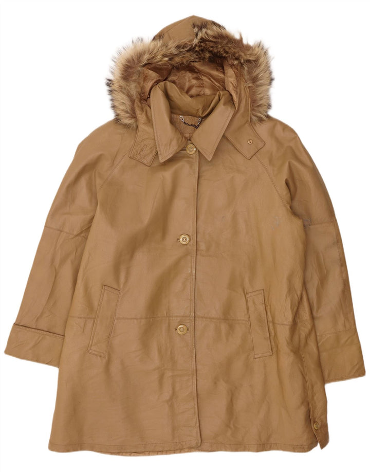 VINTAGE Womens Oversized Hooded Leather Coat IT 46 Large Brown Leather