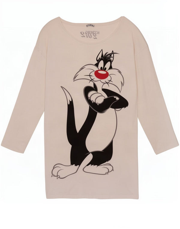 Iceberg Grafik-Langarm-T-Shirt-Kleid für Damen, UK 16, Größe L, weiße Baumwolle