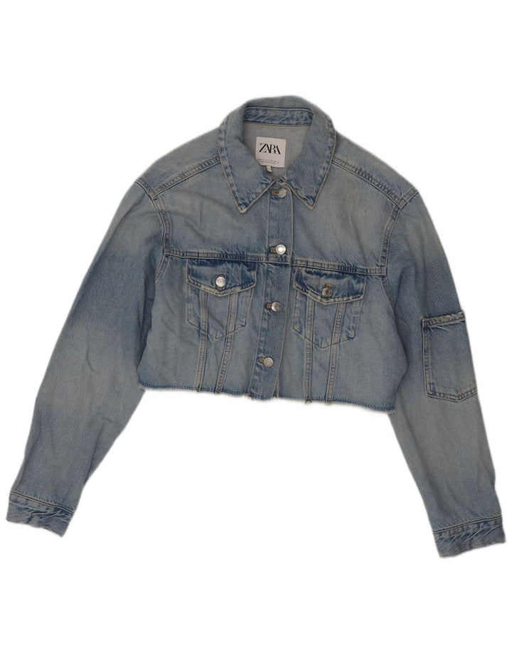 ZARA Womens Crop Oversized Denim Jacket UK 10 Small Blue Cotton