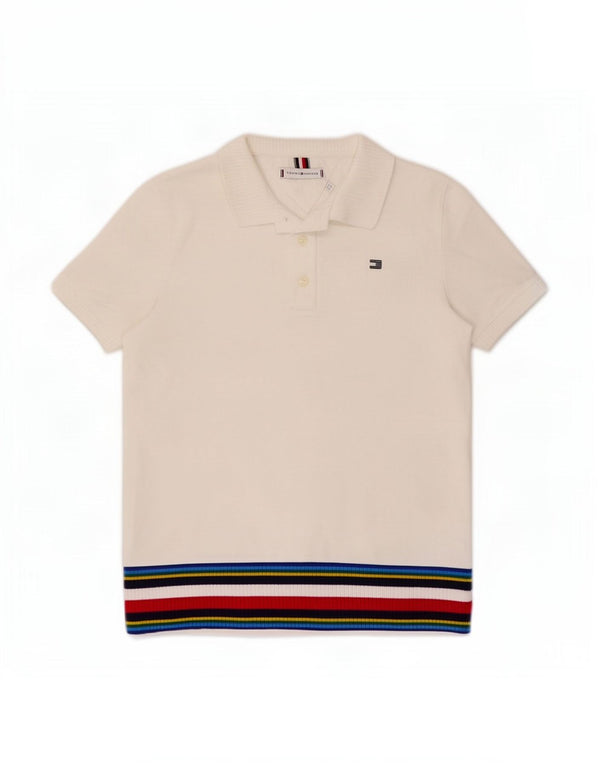 Camisa polo feminina Tommy Hilfiger Reino Unido 10 pequena listrada branca de algodão