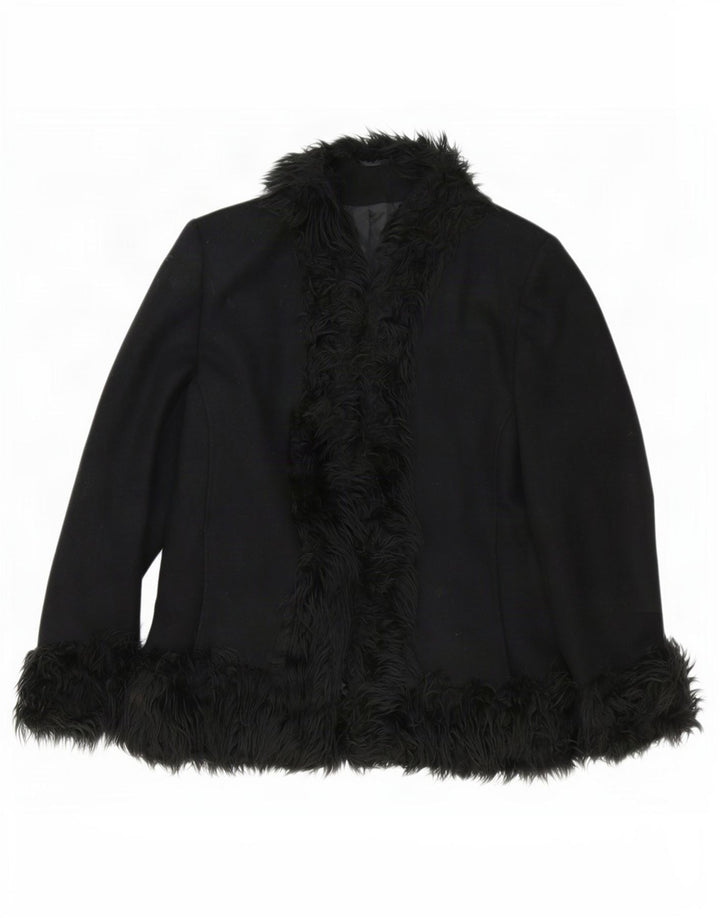 Jaqueta Blazer aberta feminina vintage Reino Unido 18 XL lã preta