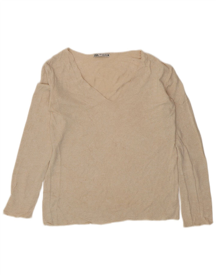 Zara Womens V-Neck Jumper Sweater UK 12 Medium Beige Viscose