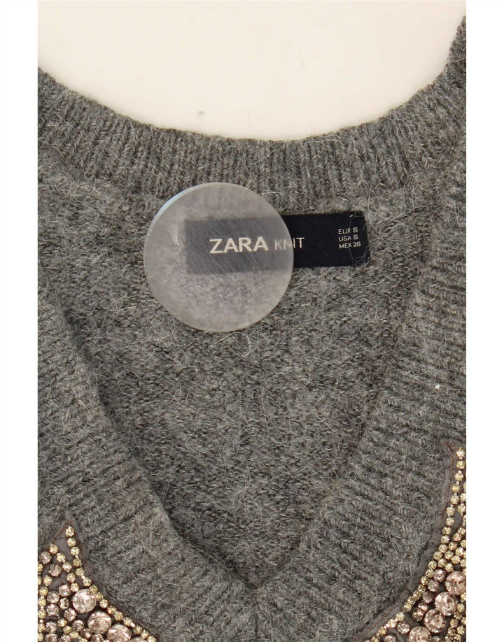 Zara Womens Graphic V-Neck Jumper Sweater UK 10 Small Grey
