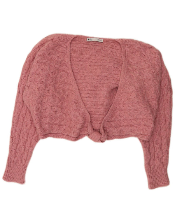 Zara Womens Crop Oversized cardigan sweater UK 10 Small Pink Acryl