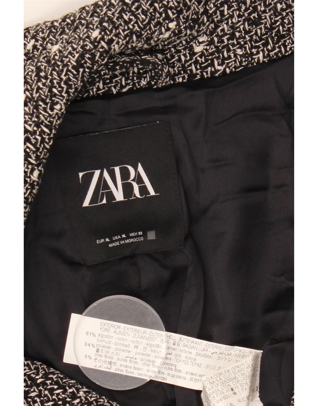 ZARA Dame Oversized Crop Blazer Jacket UK 18 XL Sort Flecked