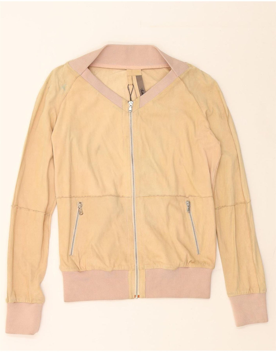 MONTGOMERY Womens Suede Bomber Jacket UK 14 Medium Beige Colourblock Vintage MONTGOMERY and Second-Hand MONTGOMERY from Messina Hembry 