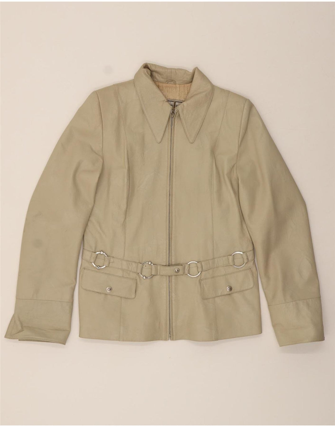 VINTAGE Womens Leather Jacket UK 18 XL Beige Leather Vintage Vintage and Second-Hand Vintage from Messina Hembry 