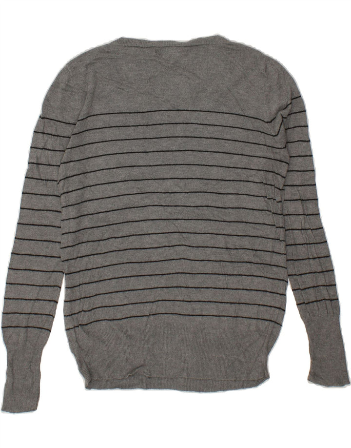 MOSSIMO Womens V-Neck Jumper Sweater UK 14 Large Grey Striped Nylon Vintage Mossimo and Second-Hand Mossimo from Messina Hembry 