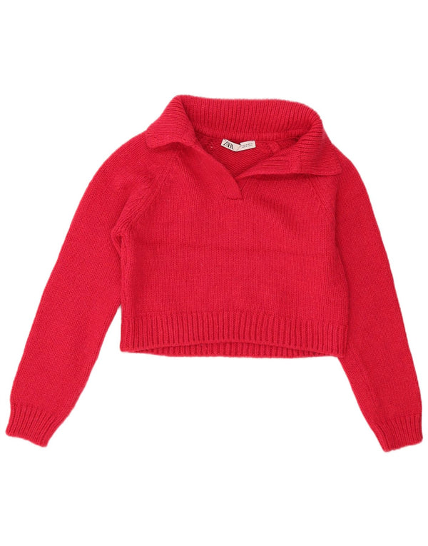 Zara ženski kratki pulover s polo izrezom UK 12 Srednje crveni akril