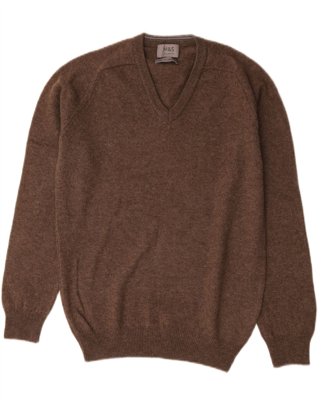 Marks & Spencer Mens V-Neck Jumper Sweater Small Brown Lambswool