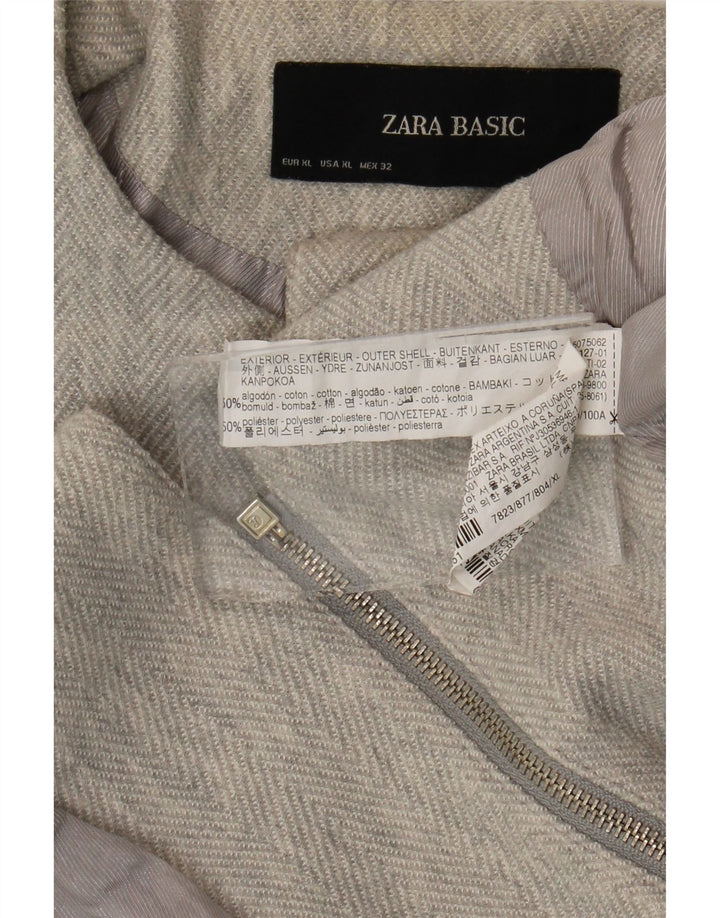 Zara Womens Full Zip Blazer Jacket UK 18 XL Grey Herringbone Cotton