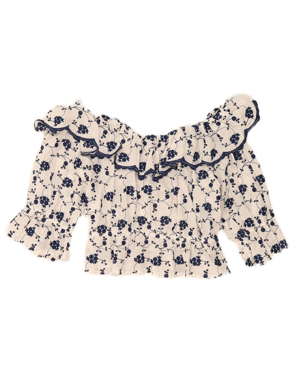 Zara Womens Crop Off Shoulder Bluse Top UK 14 Large White Floral Bomuld