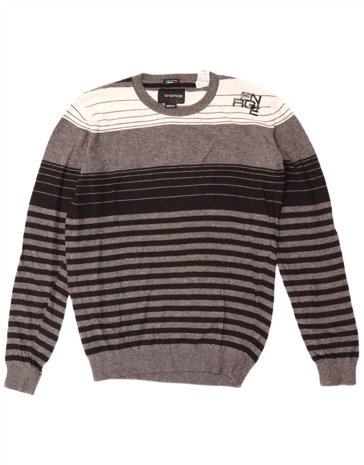 Sixty Mens Crew Neck Jumper Sweater Medium Grey Striped Viscose