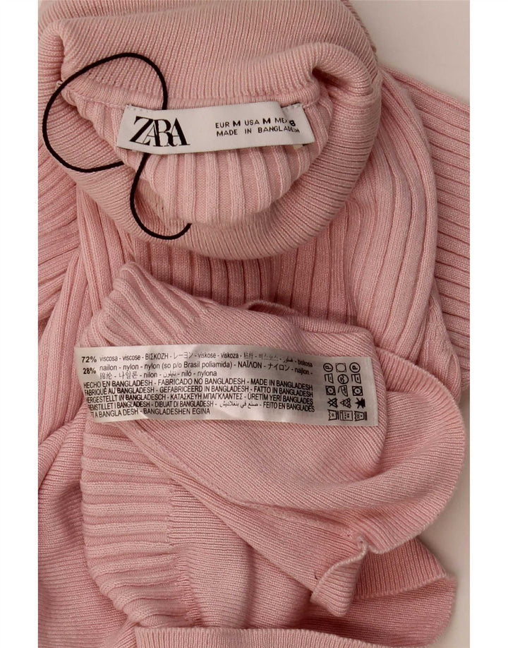 Zara Dame Roll Neck Crop Top UK 12 Medium Pink Viscose