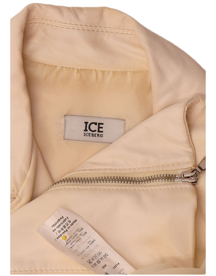 Iceberg Womens Leather Biker Jacket UK 14 Medium Off White Leather