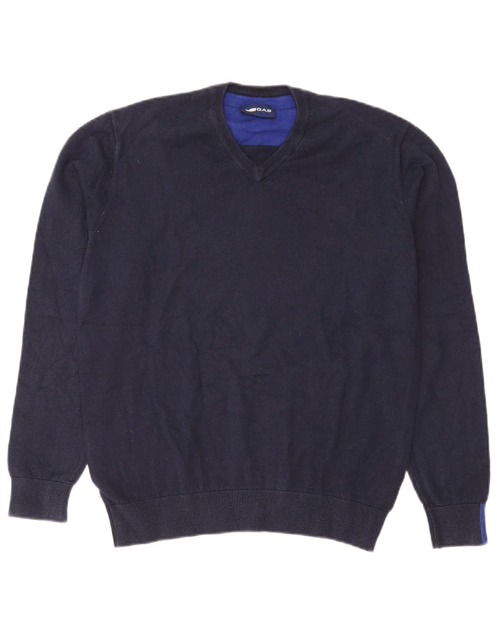Gas Mens V-Neck Jumper Sweater Medium Navy Blue Cotton