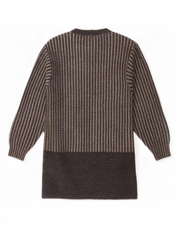 Suéter cardigã feminino vintage longline Reino Unido 14 lã listrada cinza médio