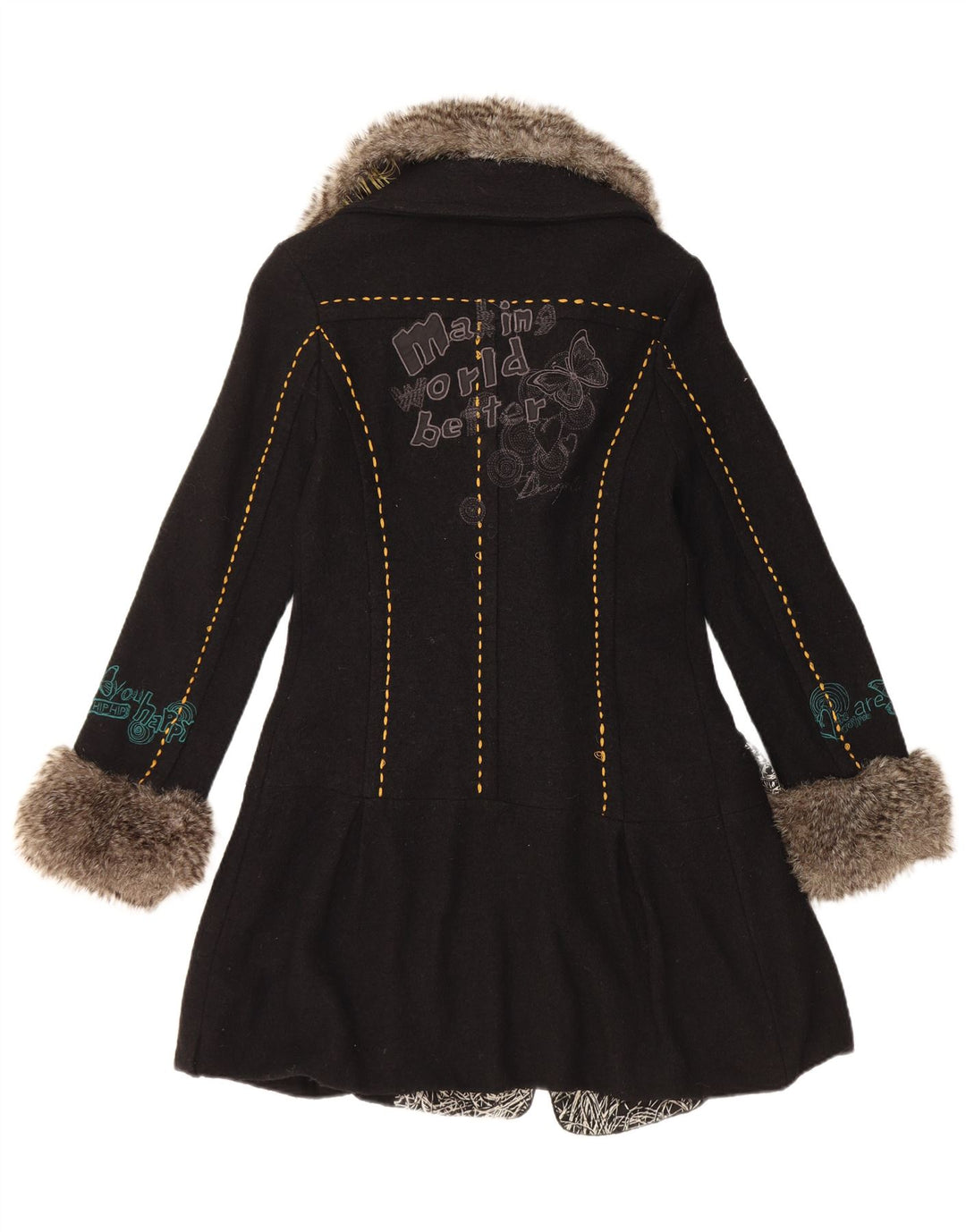 Desigual Womens Graphic Double Breasted Coat EU 36 Small Black Floral Wool