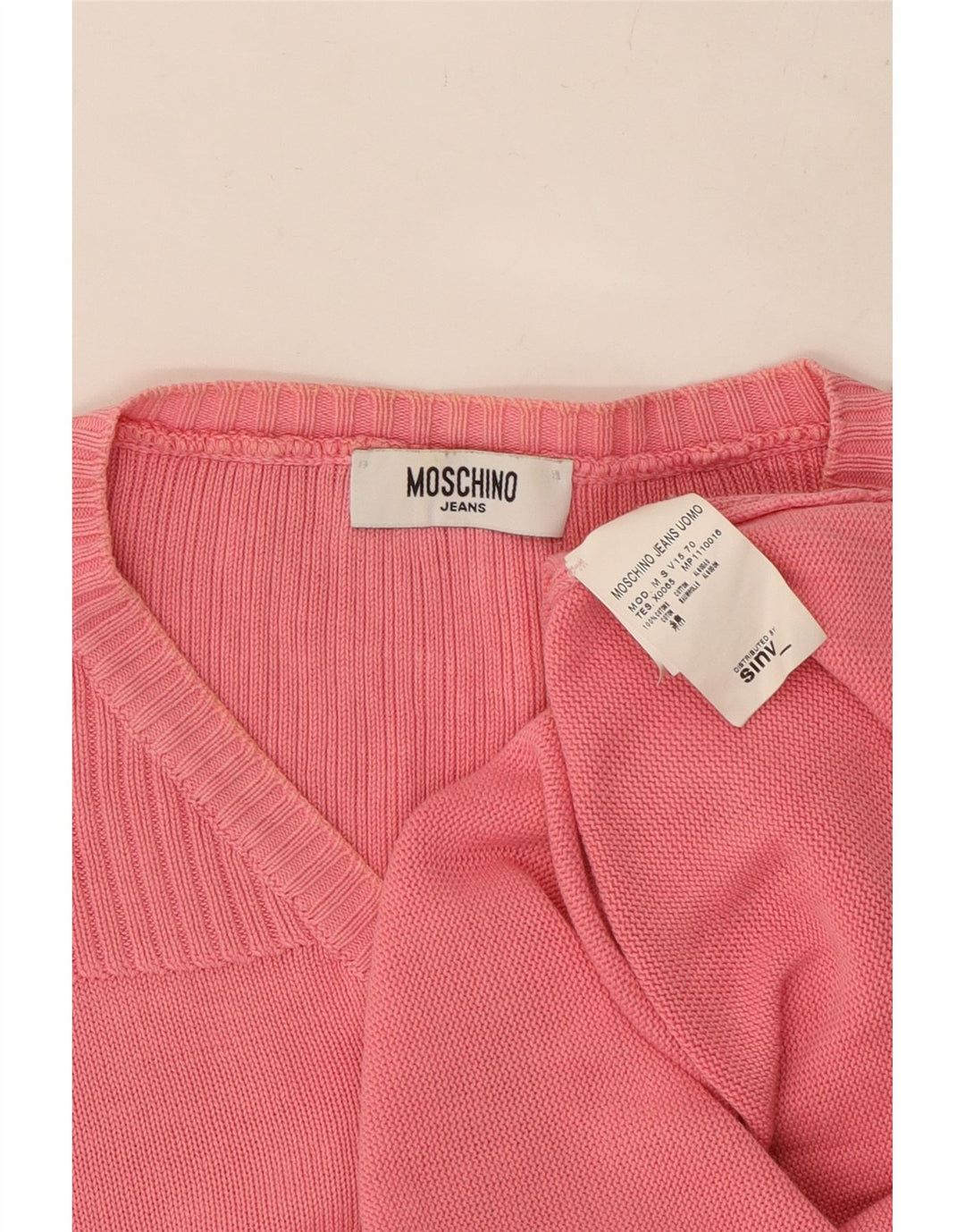 MOSCHINO Mens V-Neck Jumper Sweater Small Pink Cotton