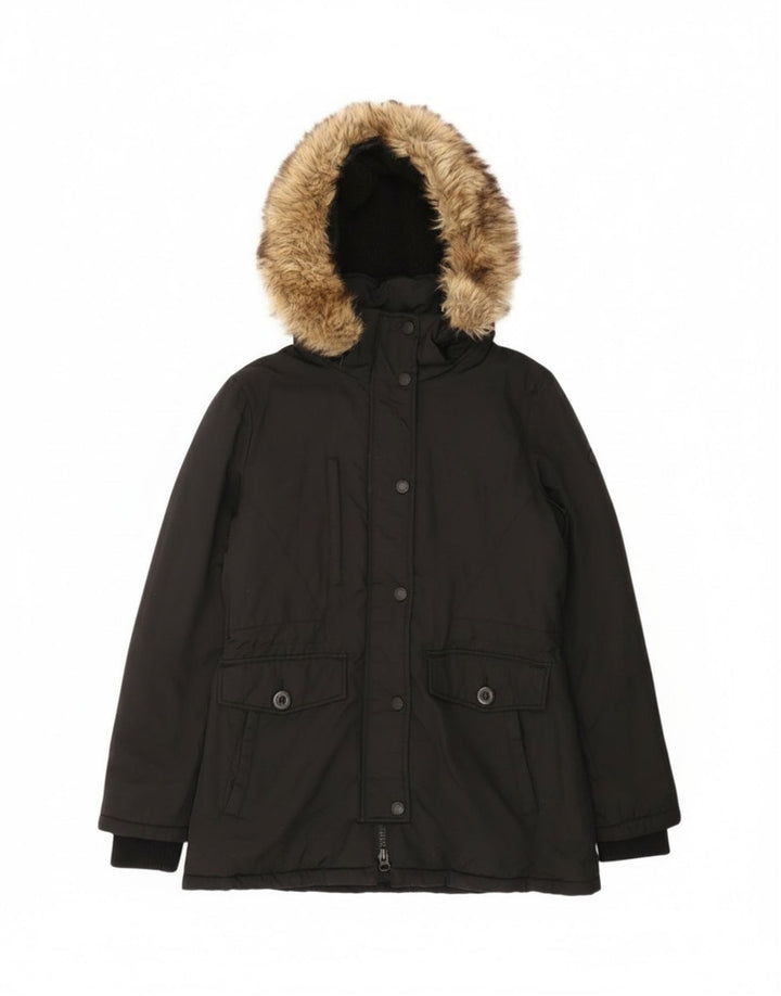 Superdry Womens Hooded Parka Jacket UK 12 Medium Black Nylon