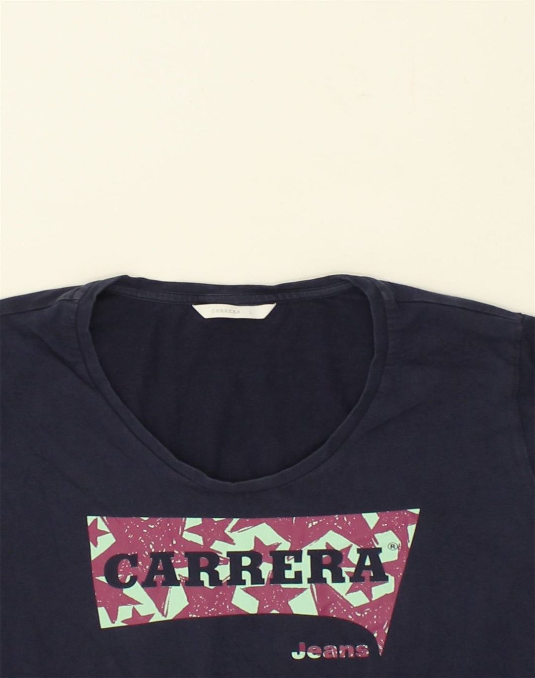 CARRERA Womens Graphic T-Shirt Top UK 14 Large Navy Blue Cotton | Vintage Carrera | Thrift | Second-Hand Carrera | Used Clothing | Messina Hembry 