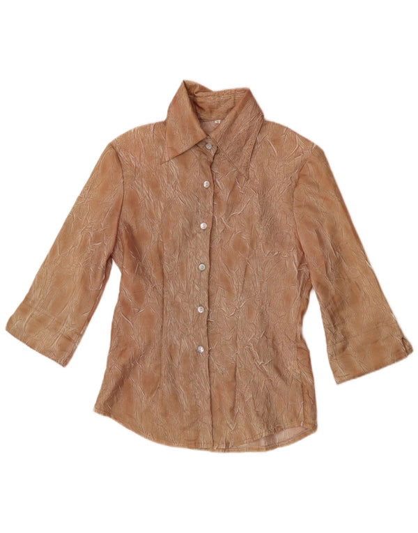 Vintage mujer patrón abstracto 3/4 manga camisa blusa Reino Unido 10 pequeño marrón