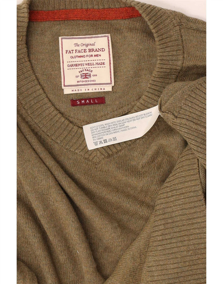 Fat Face Mens V-Neck Jumper Sweater Small Khaki Cotton