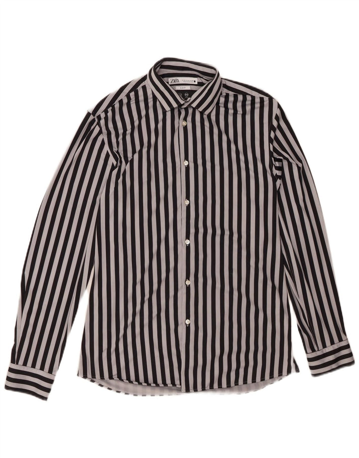 ZARA Mens Slim Fit Shirt Medium Black Striped Polyamide