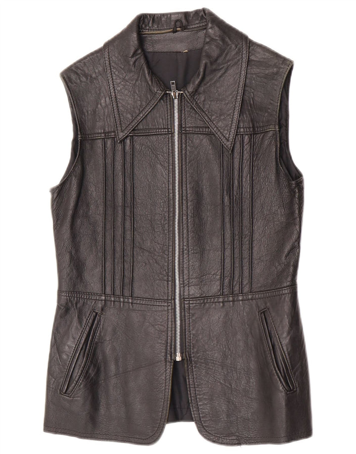 Vintage Womens Leather Gilet UK 10 Small Black Leather
