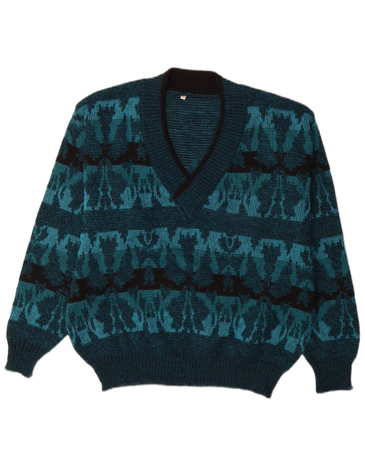 Vintage Mens V-Neck Jumper Sweater IT 50 Medium Blue Fair Isle