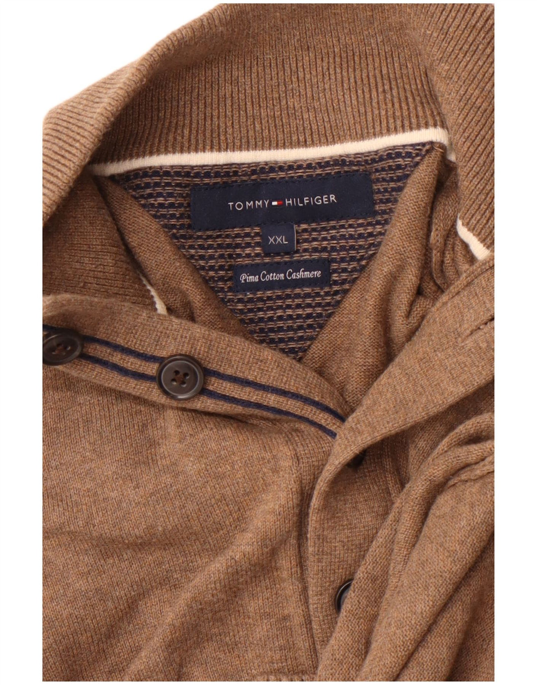 TOMMY HILFIGER Mens Button Neck Jumper Sweater 2XL Brown Cotton