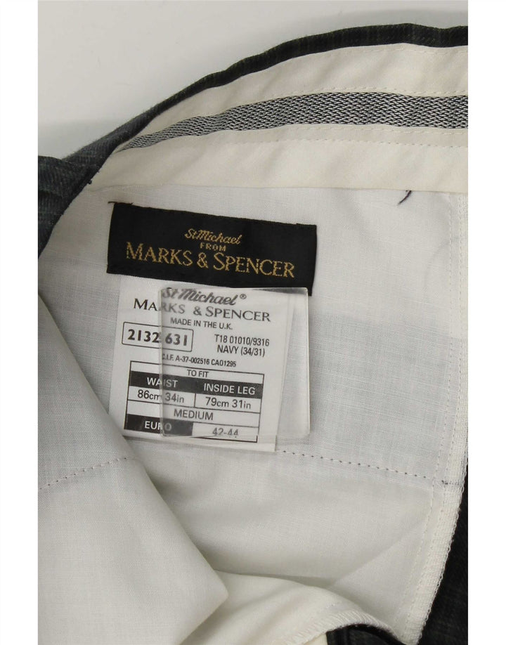 Marks & Spencer Mens Slim Suit Trousers W34 L31 Navy Blue Check Wool