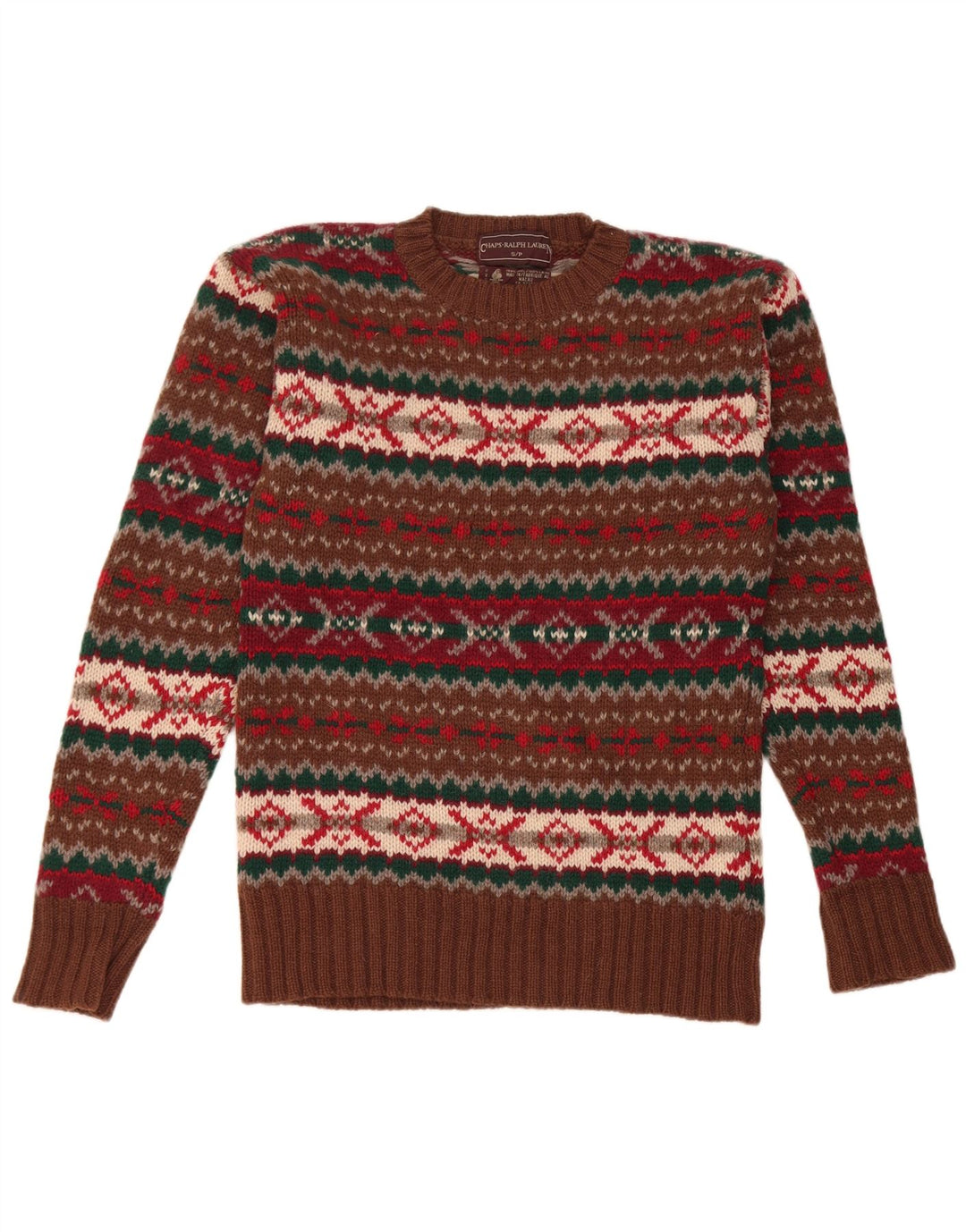 Chaps Mens Crew Neck Jumper Sweater Small Brown Fair Isle Virgin Wool