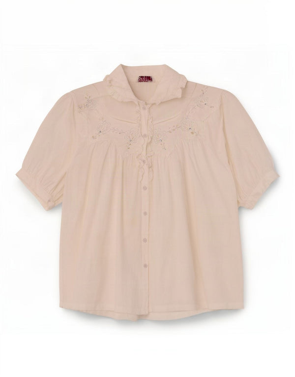 Camisa feminina vintage de manga curta com babados na frente UK 18 XL algodão floral branco