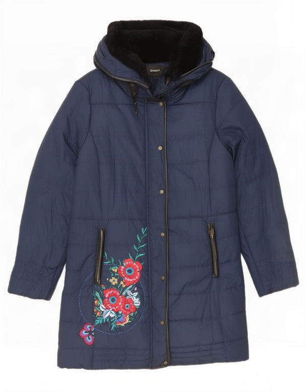 Abrigo acolchado con capucha Desigual para mujer EU 46 XL Poliéster floral azul marino
